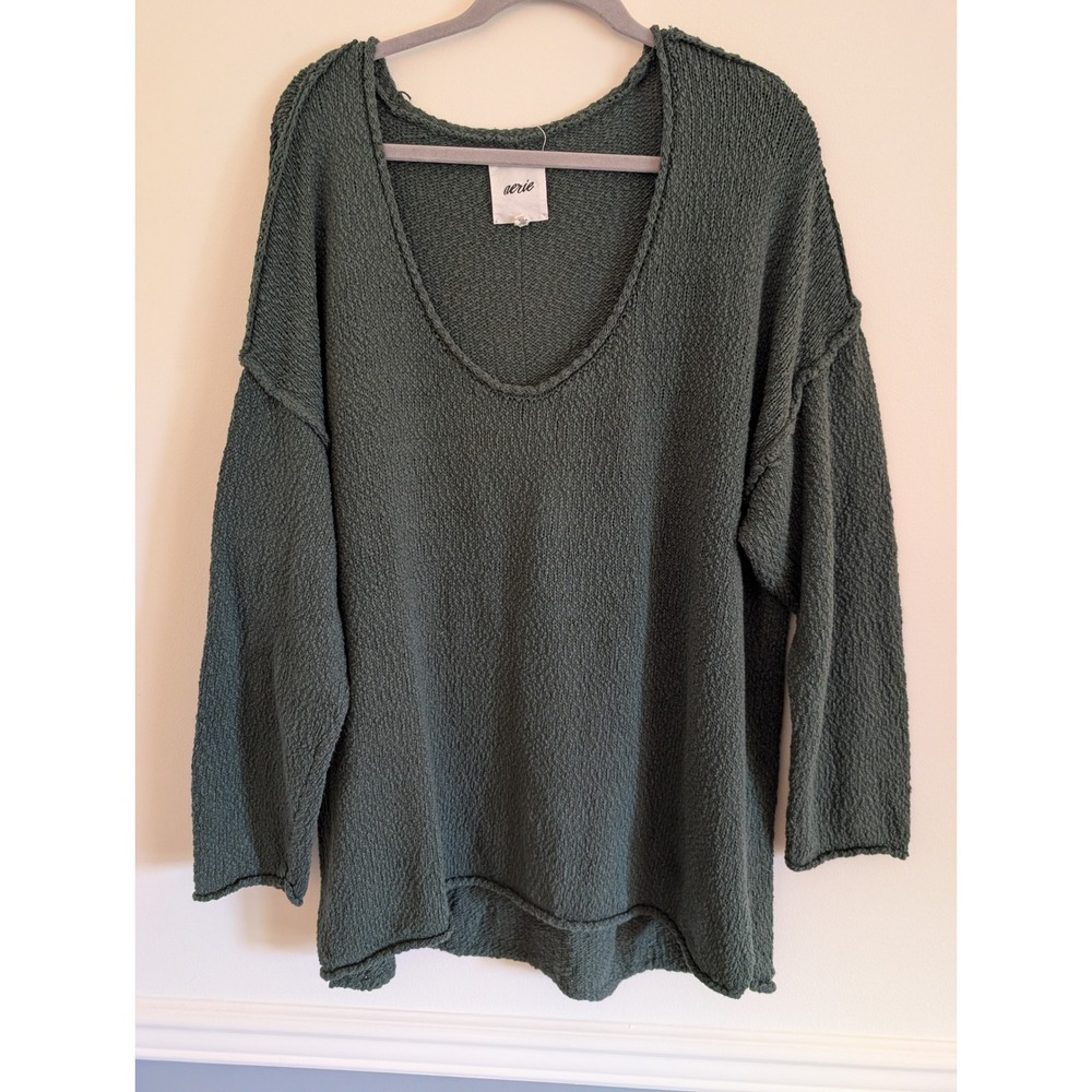 Aerie Oversized Forest Green Slub Knit Scoop Neck Sweater XL relaxed lounge cozy